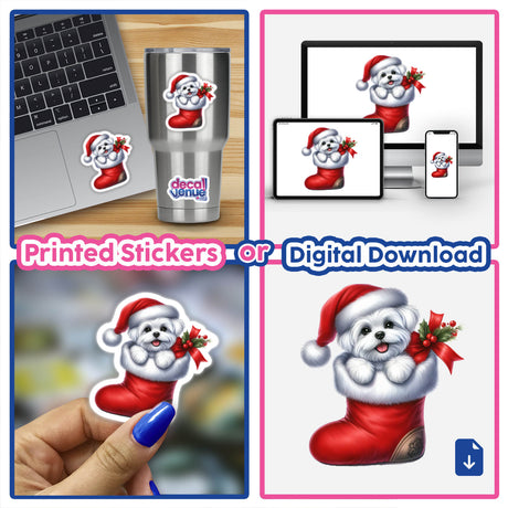 Peeking Santa Maltese Dog in Christmas Stocking sticker, featuring a playful cartoon dog with a Santa hat, perfect for holiday decor. Available as stickers or digital artwork from Decal Venue.