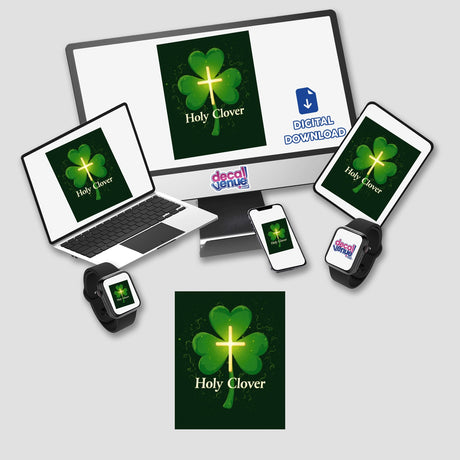 Holy Clover St. Patrick’s Day Sticker or Clipart featuring a green clover with a cross, displayed on a computer monitor, laptop, and various gadgets, available with commercial rights.