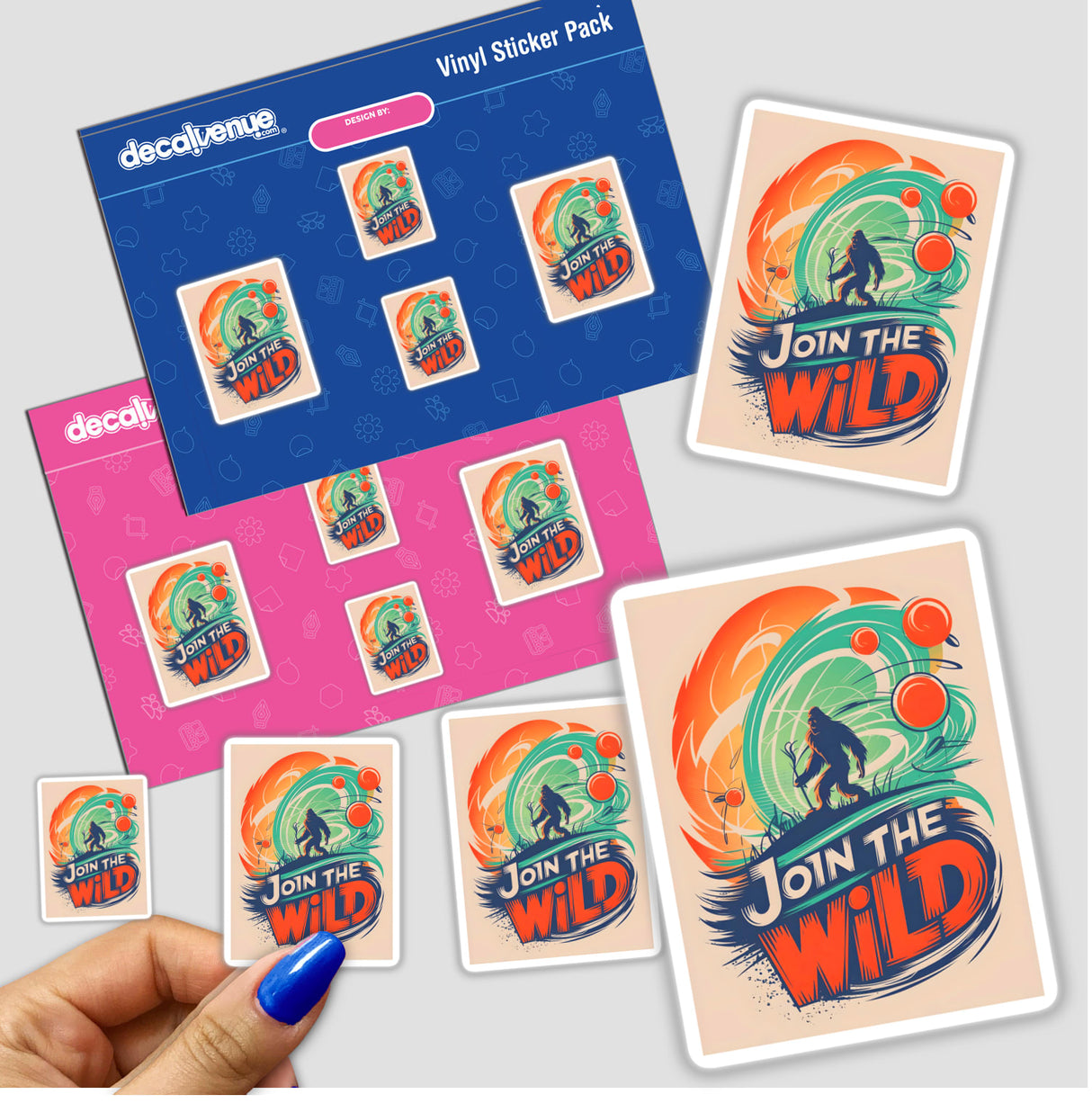 Join The Wild With Bigfoot stickers featuring diverse designs, including Bigfoot-themed graphics and text elements, showcased on a surface, highlighting Decal Venue's unique sticker and digital art offerings.