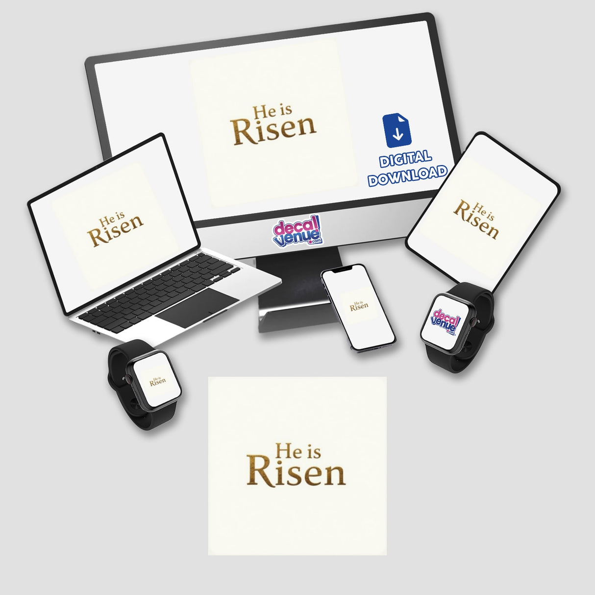 Christian Easter Sticker or Clipart featuring He Is Risen design, displayed on a computer monitor and laptop, emphasizing its availability for commercial use as stickers or digital artwork.