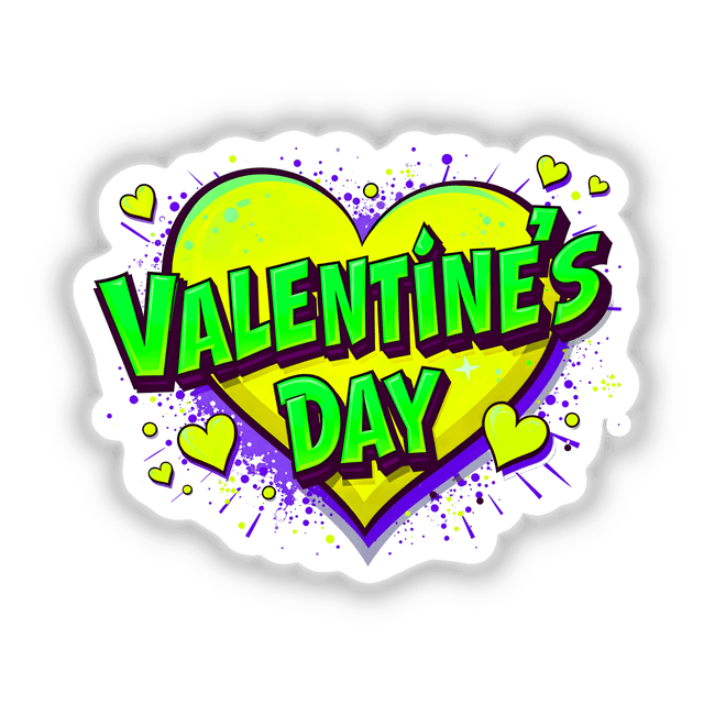 Valentine's Day Love Heart featuring a yellow and green heart with purple splatters, available as stickers or digital artwork from Decal Venue, known for unique designs.