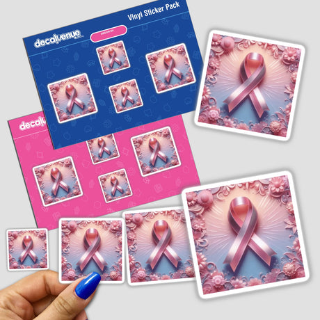 Breast Cancer Silver Series 1 stickers featuring pink ribbons, available as stickers or digital artwork, showcasing various designs including ribbons with flowers and on different backgrounds.