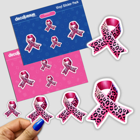 Leopard Spots Animal Print Pink Ribbon Breast Cancer sticker, close-up showing intricate black leopard print on pink ribbon, highlighting detailed design and texture for unique decals or digital artwork.