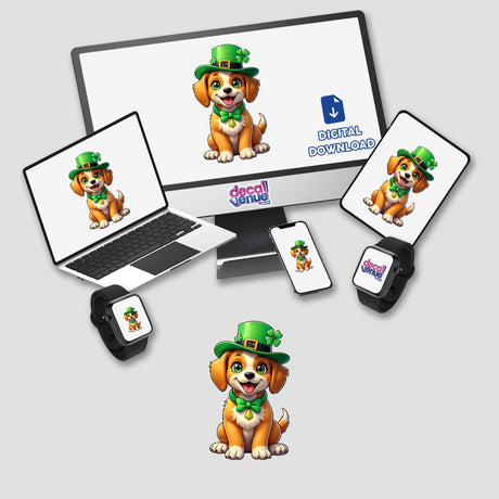 St. Patrick's Day Puppy digital artwork on a computer monitor and laptop, featuring a cartoon dog wearing a hat, available as stickers or digital artwork from Decal Venue.