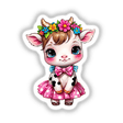 Chibi Cow Cutie in a pink polka dot dress with a flower-adorned head, depicted in a cartoon style. Available as stickers or digital artwork.