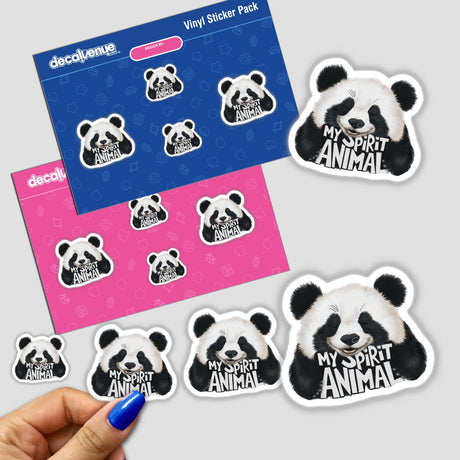 Panda-themed digital artwork stickers from the Decal Venue store, featuring adorable panda illustrations with the text "My Spirit Animal".