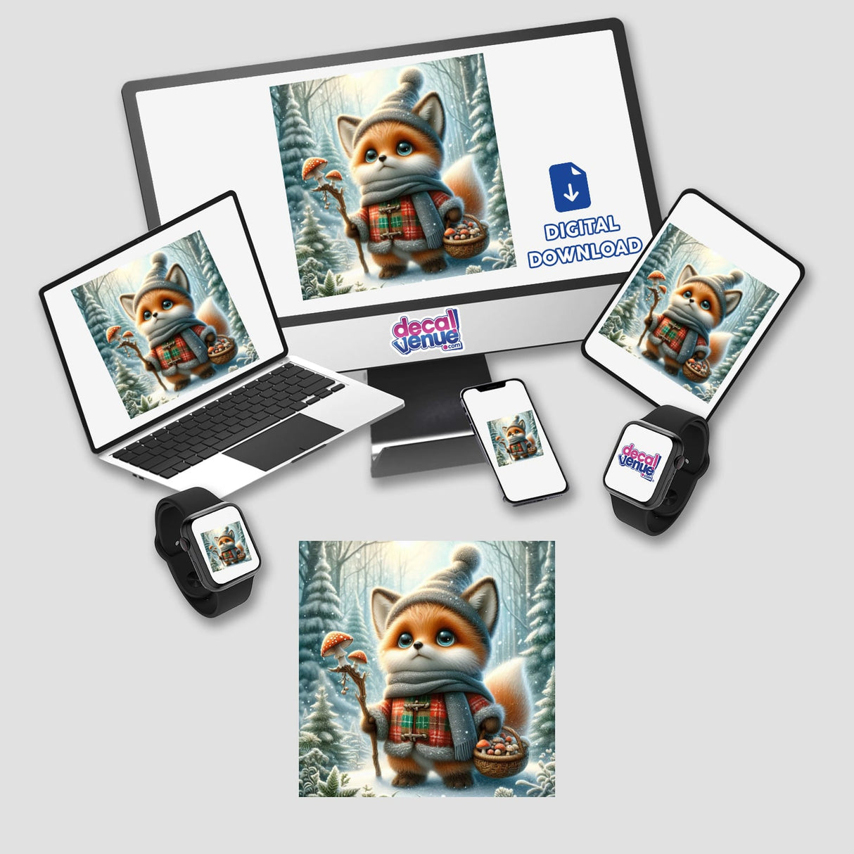 Foxy Forager digital artwork featuring a cartoon fox holding a basket of mushrooms displayed on a computer monitor and a laptop. Available as vinyl stickers or digital art.