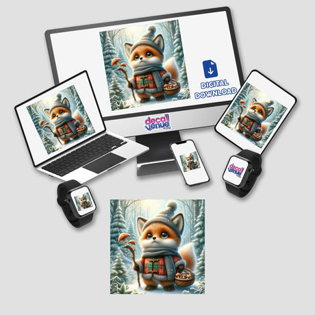 Foxy Forager digital artwork featuring a cartoon fox holding a basket of mushrooms displayed on a computer monitor and a laptop. Available as vinyl stickers or digital art.