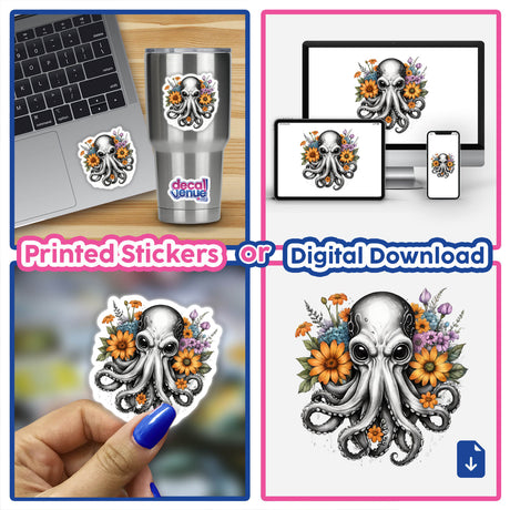 Floral octopus digital art with vibrant sunflower accents, available as printed stickers or digital download from Decal Venue.