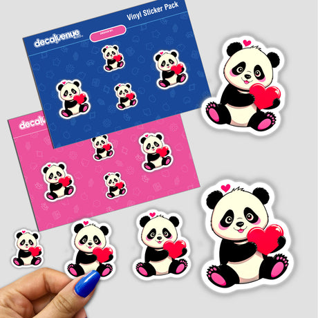 A Cute Panda Bear With Love Hearts stickers, featuring a cartoon panda holding a heart, available as individual stickers or a sticker pack, ideal for personalization or digital art.