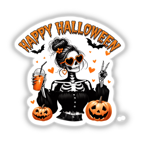 Halloween Skeleton Zombie Girl Bats and Hearts II features a cartoon woman in skeleton attire holding a drink, surrounded by carved pumpkins and bats, available as unique stickers or digital artwork.