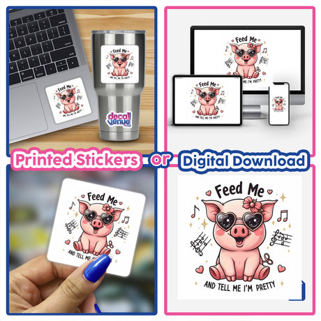 Sarcastic Quotes Series 8: A collage showing a laptop with a pig sticker, close-ups of a cartoon pig wearing sunglasses, and a hand holding the pig sticker. Available as stickers or digital artwork.