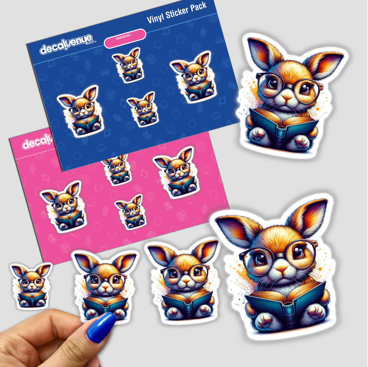 Rabbit With Reading Glasses Open Book sticker, featuring a cartoon rabbit wearing glasses and reading. Available as a vinyl sticker or digital artwork from Decal Venue.