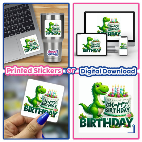 Collage of the Silver Birthday Series showing a cartoon dinosaur holding a cake on a silver cup, sticker, and digital artwork. Suitable for unique designs from Decal Venue.