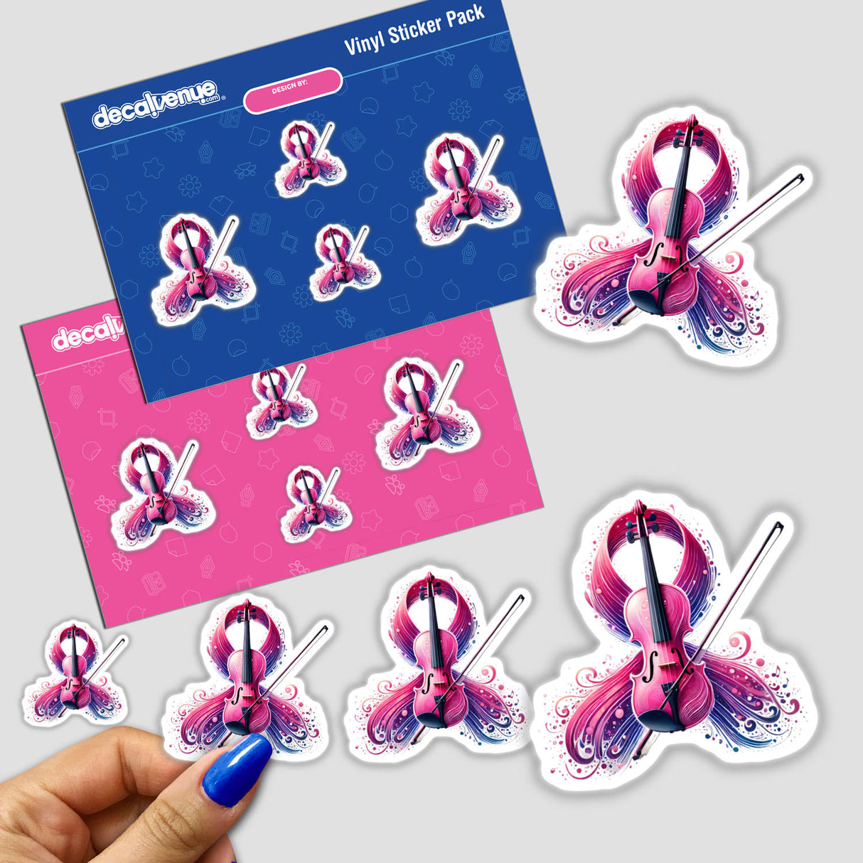 Sticker featuring a hand holding a violin adorned with a pink ribbon, symbolizing breast cancer awareness, available as a sticker or digital artwork.