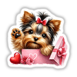 Valentine Peek a Boo Watercolor Yorkie Dog featuring a Yorkie peeking from a gift box with a red bow, available as stickers or digital artwork, showcasing Decal Venue's unique style.