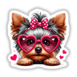 Yorkie in Heart Sunglasses depicted as a cartoon dog wearing pink heart-shaped sunglasses, available as unique vinyl stickers or digital artwork from Decal Venue.