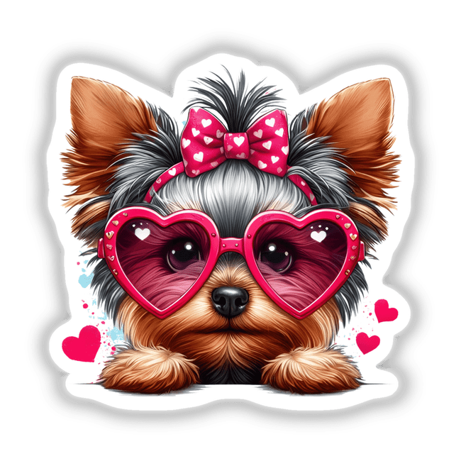 Yorkie in Heart Sunglasses depicted as a cartoon dog wearing pink heart-shaped sunglasses, available as unique vinyl stickers or digital artwork from Decal Venue.