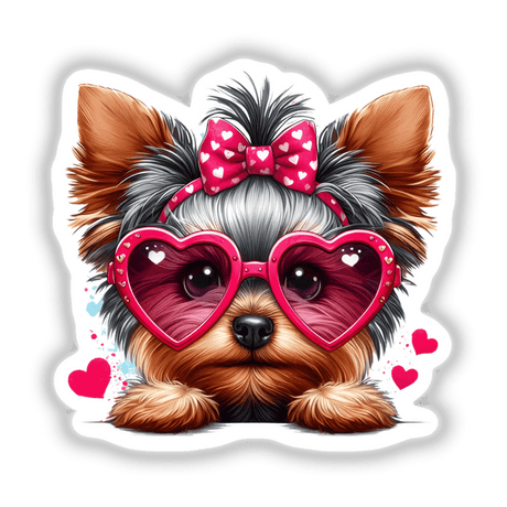 Yorkie in Heart Sunglasses depicted as a cartoon dog wearing pink heart-shaped sunglasses, available as unique vinyl stickers or digital artwork from Decal Venue.