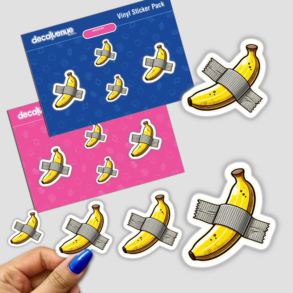 Duct Tape Banana sticker featuring a cartoon banana wrapped in tape, available as unique stickers or digital artwork from Decal Venue.