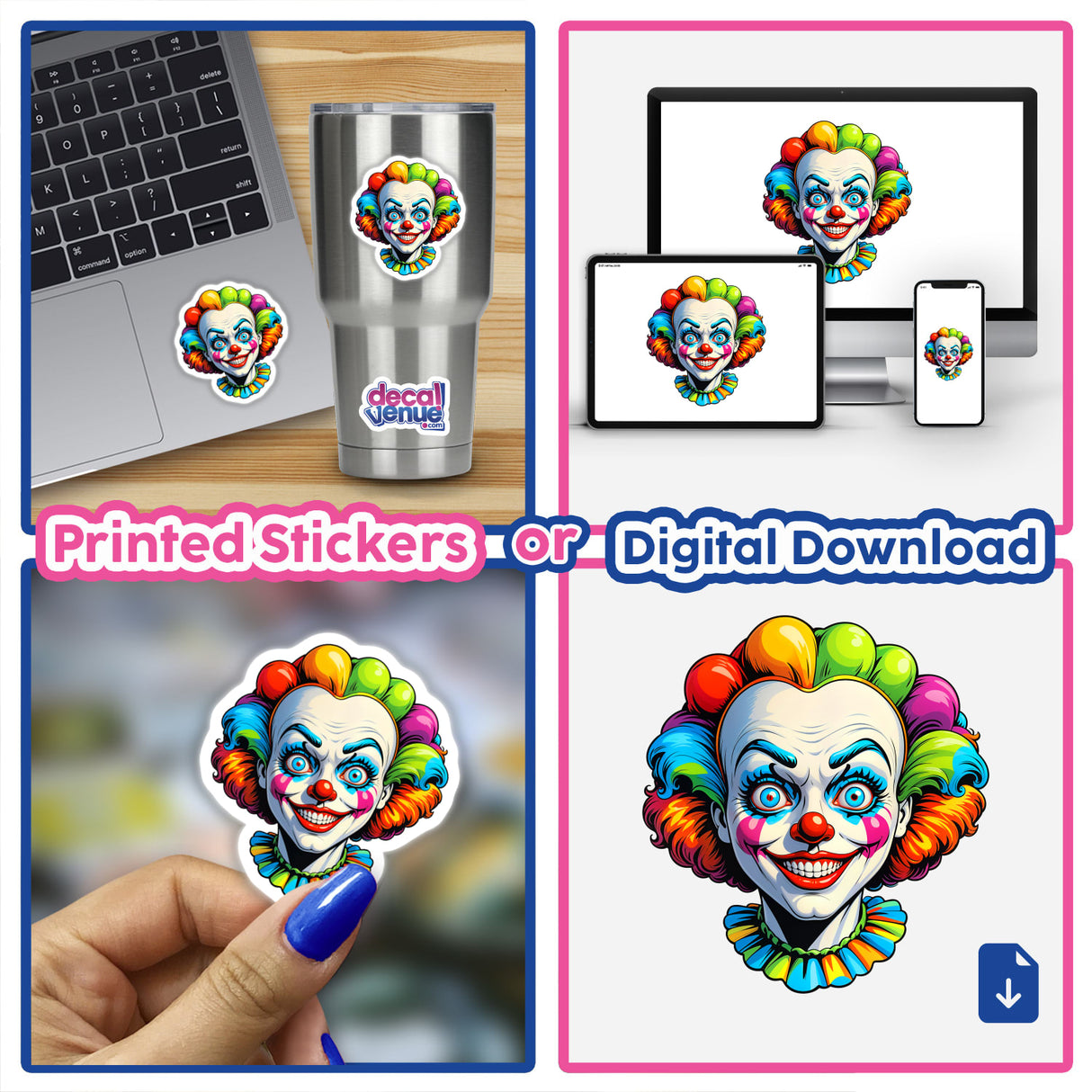 A Crazy Clown Girl sticker collage featuring various depictions on surfaces like laptops and cups, showcasing its versatile application as a sticker or digital artwork.