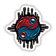 Vibrant Red and Blue Poison Dart Frog Yin Yang sticker features a cartoon frog within a yin yang design, accented by distinct black spots and artistic elements, available as a sticker or digital artwork.