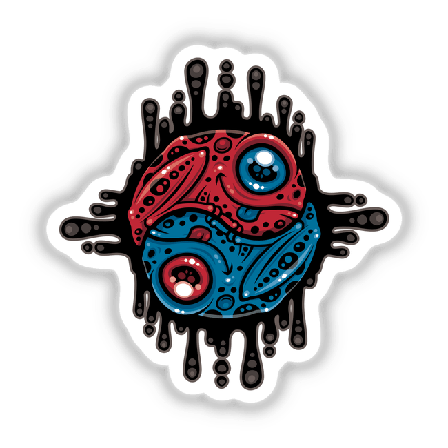 Vibrant Red and Blue Poison Dart Frog Yin Yang sticker features a cartoon frog within a yin yang design, accented by distinct black spots and artistic elements, available as a sticker or digital artwork.