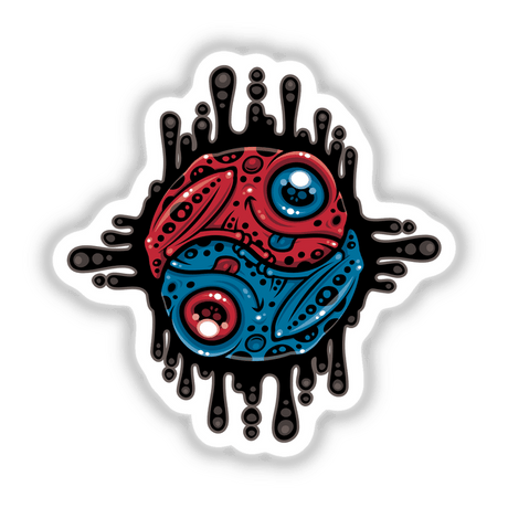 Vibrant Red and Blue Poison Dart Frog Yin Yang sticker features a cartoon frog within a yin yang design, accented by distinct black spots and artistic elements, available as a sticker or digital artwork.