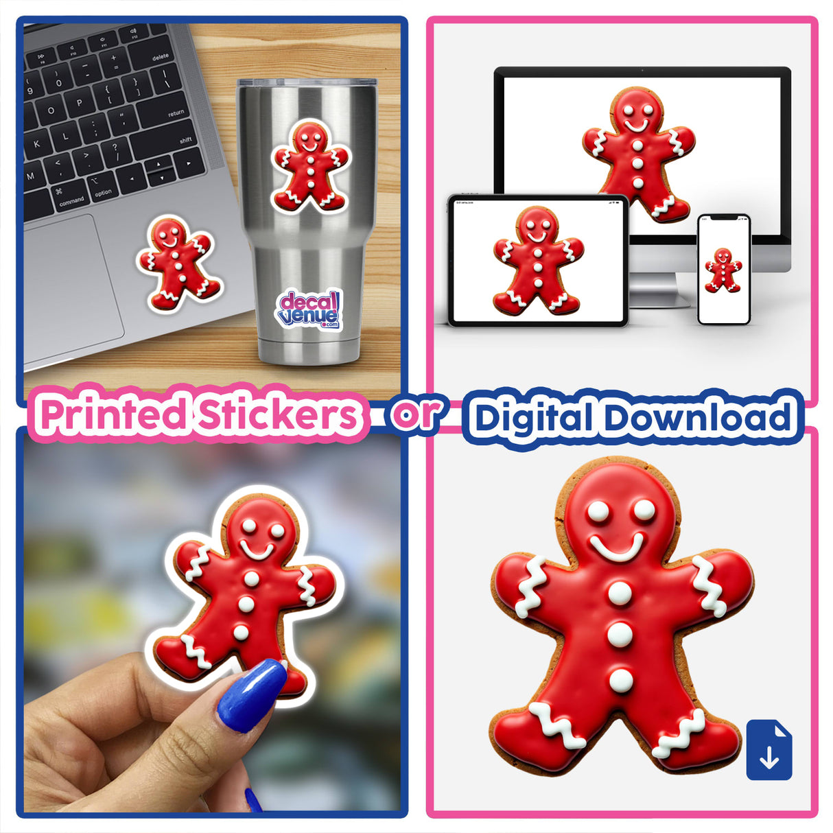 Gingerbread Man with Red Icing Festive Christmas Cookie stickers and digital artwork, featuring various gingerbread man depictions on a laptop, cup, and held in hand.