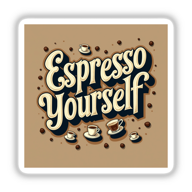 Espresso Yourself Sticker | Coffee Lover Downloadable Clipart: A playful design featuring coffee cups and dots, ideal for espresso fans seeking unique stickers or digital artwork.