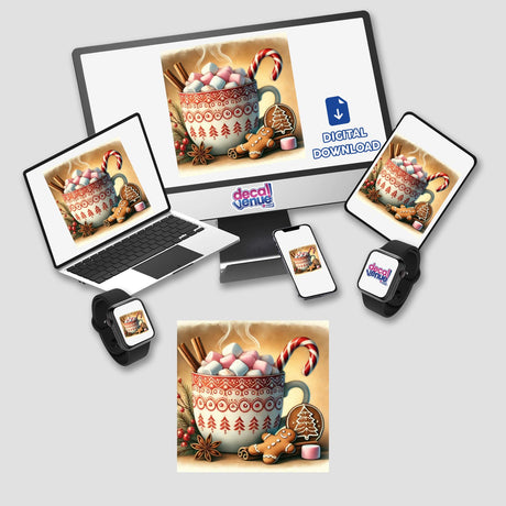 Festive Hot Cocoa - Warm Mug with Marshmallows Watercolor displayed on a laptop and smartwatch, showcasing a cozy digital artwork or sticker for Decal Venue.