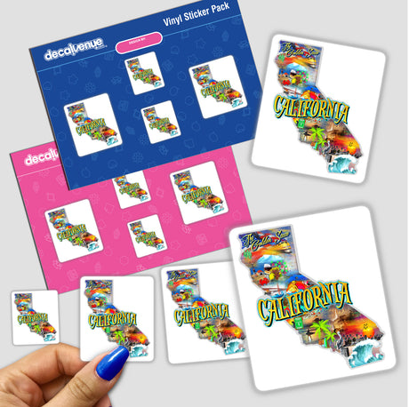 Colorful digital artwork stickers of the state of California, featuring vibrant graphics and designs. The image showcases a variety of sticker packs available in the Decal Venue store, which specializes in unique stickers and digital art for self-expression.