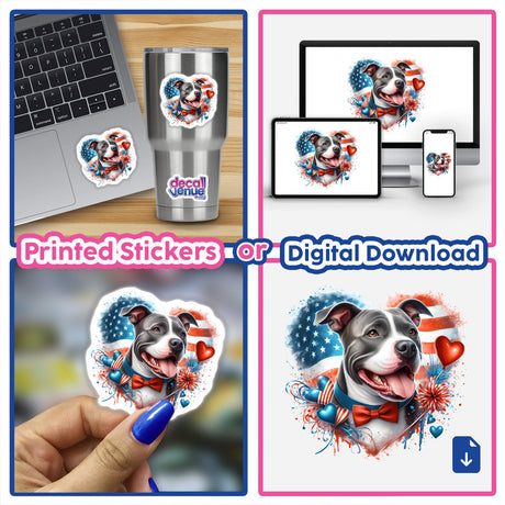 Patriotic American flag-themed Pitbull dog digital artwork and printed stickers featured on various devices and products, including a laptop, phone, tumbler cup, and hand-applied sticker.