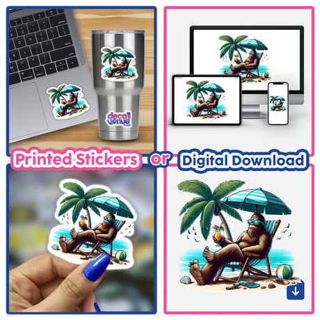 Sasquatch Sitting on Beach with Drink: A whimsical collage showing cartoon bears and gorillas relaxing under palm trees, available as unique stickers or digital artwork.