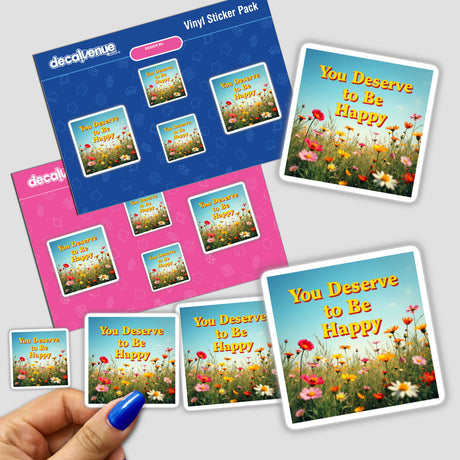 Hand holding You Deserve to Be Happy sticker pack featuring uplifting affirmations for mental health, available as stickers or digital artwork with commercial rights.