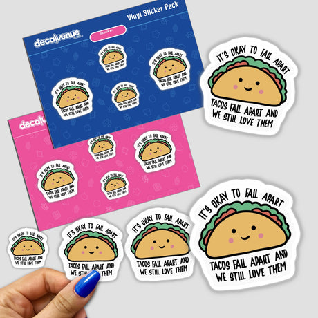 Sticker pack titled It's Okay To Fall Apart featuring cartoon taco designs with playful text, held in a hand. Available as stickers or digital artwork, showcasing unique vinyl sticker style.