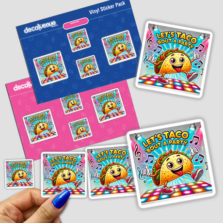 Dancing Taco - Let’s taco ‘bout a party: A sticker featuring a whimsical taco character joyfully dancing, perfect for adding a playful touch to any surface. Available as stickers or digital artwork.