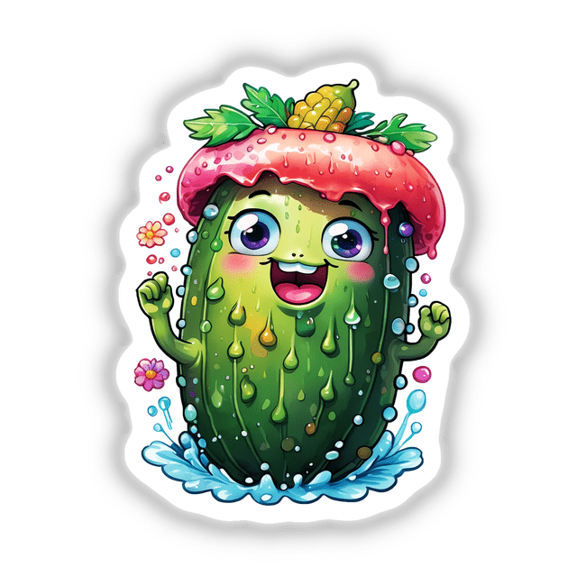 Smiling Pickle: Hilarious Sticker Design featuring a cartoon pickle wearing a pink hat with a playful expression, available as stickers or digital artwork.