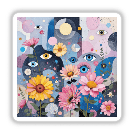 Blooming Vision: A painting of flowers intertwined with eyes, available as stickers or digital artwork, showcasing unique artistic creativity suitable for enhancing personal spaces.