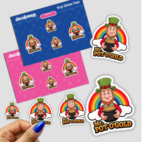 Mr. Pot O'Gold St. Patrick's Day sticker pack featuring a cartoon leprechaun holding a pot of gold, available as unique stickers or digital artwork from Decal Venue.