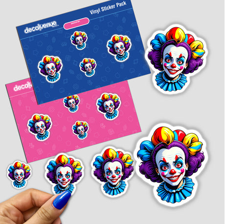 A Crazy Clown Girl sticker is held by a hand, showcasing a cartoon clown with colorful hair, part of Decal Venue's unique collection of stickers and digital artwork.