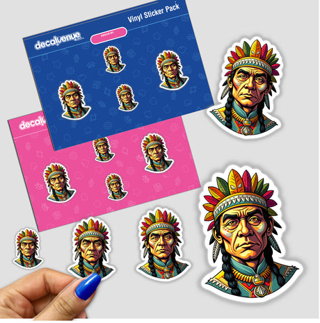 Sticker featuring a cartoon Native American Warrior Chief in a headdress, available as a vinyl decal or digital art, highlighting unique graphic design from Decal Venue.