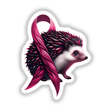 Cartoon hedgehog with pink ribbon, available as stickers or digital artwork, promoting breast cancer awareness.