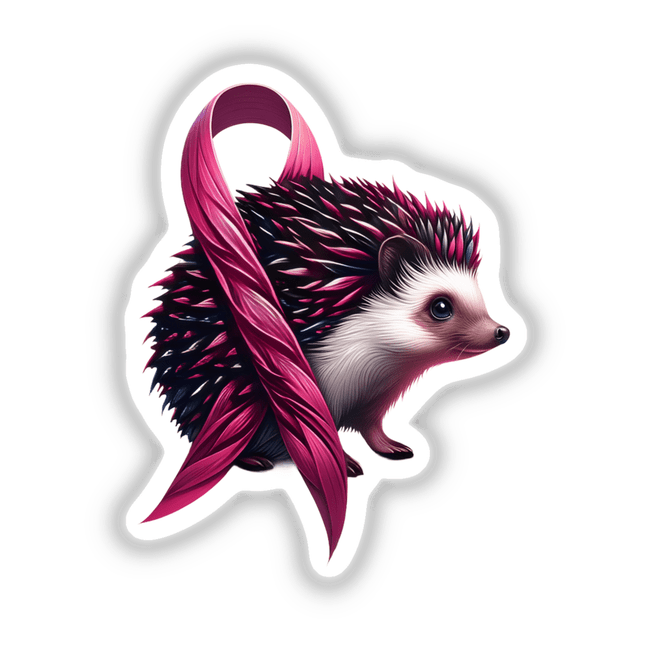 Cartoon hedgehog with pink ribbon, available as stickers or digital artwork, promoting breast cancer awareness.