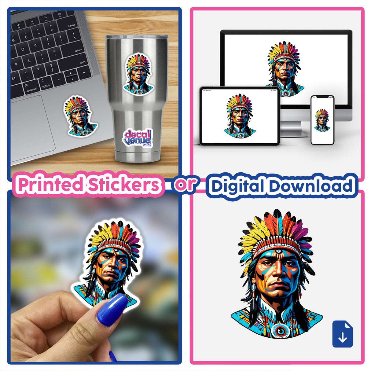 A collage featuring a laptop adorned with a Native American Warrior Chief sticker, showcasing the artistic design available as stickers or digital artwork from Decal Venue.