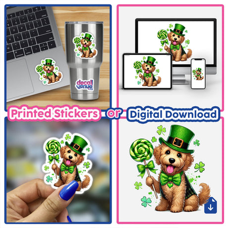 Irish Leprechaun Goldendoodle with Lollipop: A whimsical sticker design featuring a cartoon dog in a hat and bow tie, holding a lollipop. Perfect for unique vinyl sticker collections or digital art enthusiasts.