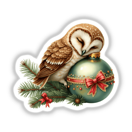 Owl Sleeping on Christmas Ornament sticker featuring a close-up of a peaceful owl perched on a festive ornament with intricate details.