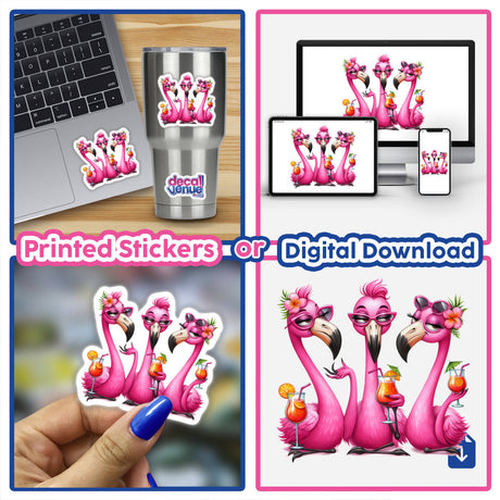 The Pinkie Flamingo Ladies: A lively sticker or digital artwork featuring pink flamingos holding drinks, ideal for embellishing laptops or cups, reflecting Decal Venue's unique vinyl art collection.