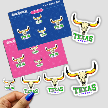 Texas USA Skull Design stickers featuring bull skulls with horns and text, available as unique vinyl stickers or digital artwork.