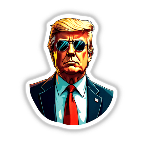 Cartoon illustration of President Donald Trump wearing sunglasses and a suit with a red tie, available as stickers or digital artwork from Decal Venue.